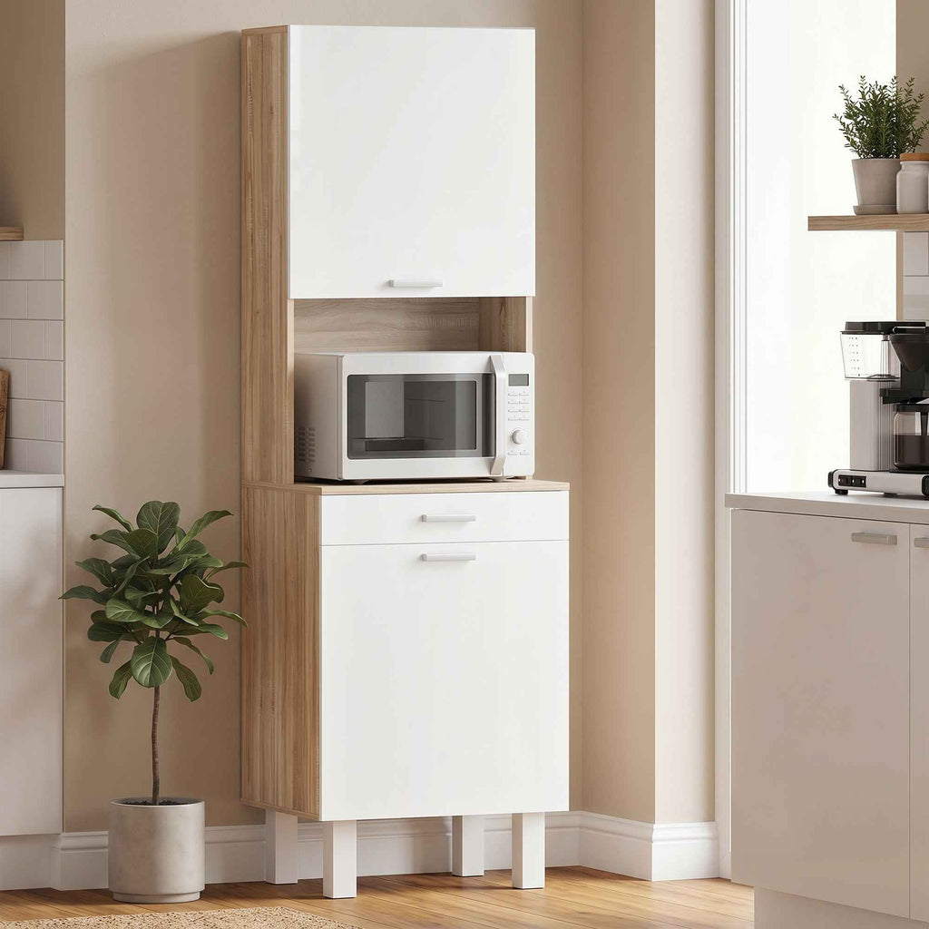 HOMCOM Kitchen Sideboard with Open Shelves, 2 Cabinets and Drawer, in Wood and Metal, 55x40x175 cm, White and Wood