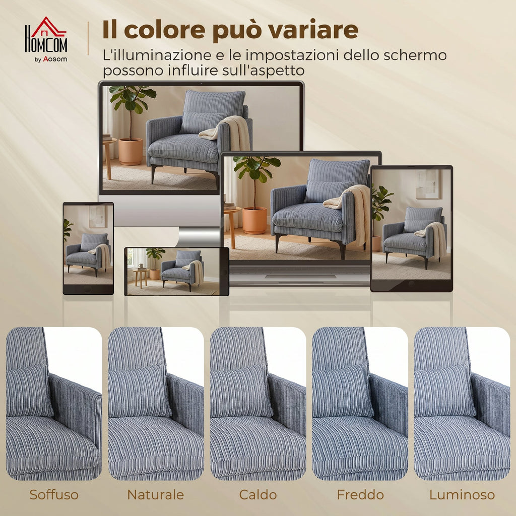HOMCOM Upholstered Linen-Effect Fabric Lounge Chair with Armrests, Lumbar Cushion and Wide Seat, Blue