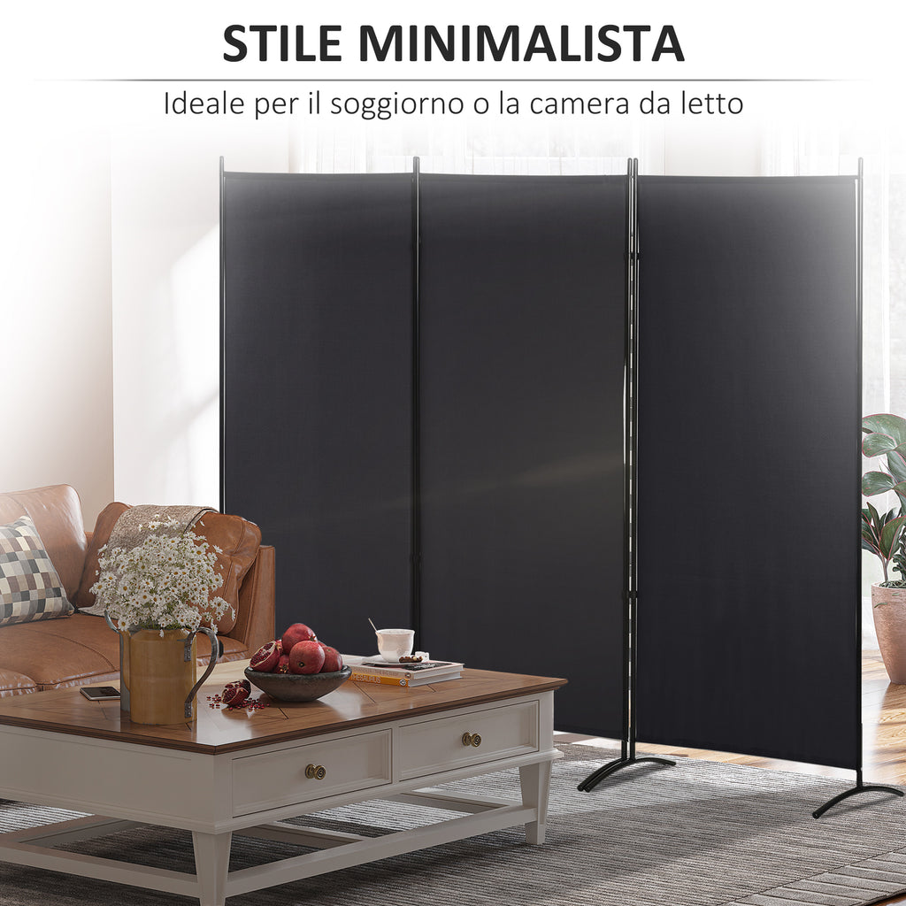 3-Panel Folding Metal and Polyester Room Divider, 253 x 50 x 182 cm, Black