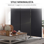 3-Panel Folding Metal and Polyester Room Divider, 253 x 50 x 182 cm, Black