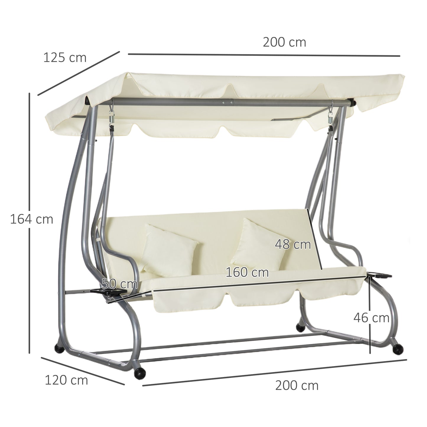 Outsunny 3-Seater Swing Garden Bed with Adjustable Roof and 2 Cup Holders, 200x120x164 cm, Cream