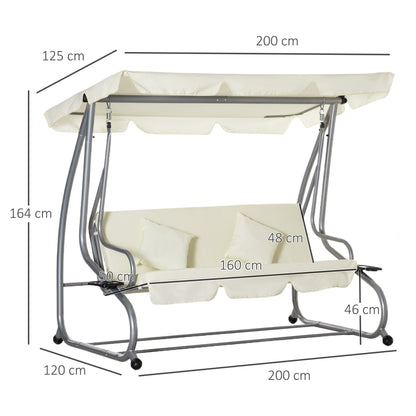 Outsunny 3-Seater Swing Garden Bed with Adjustable Roof and 2 Cup Holders, 200x120x164 cm, Cream