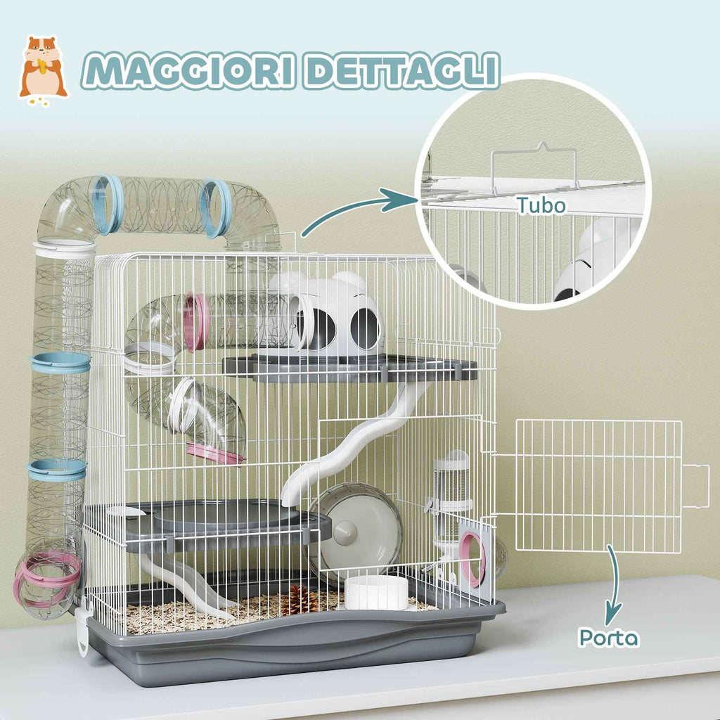 PawHut 3-Tier 14-Tube Hamster Cage with House, Ramp, and Accessories, Metal and Plastic, 45x30x45 cm, Grey