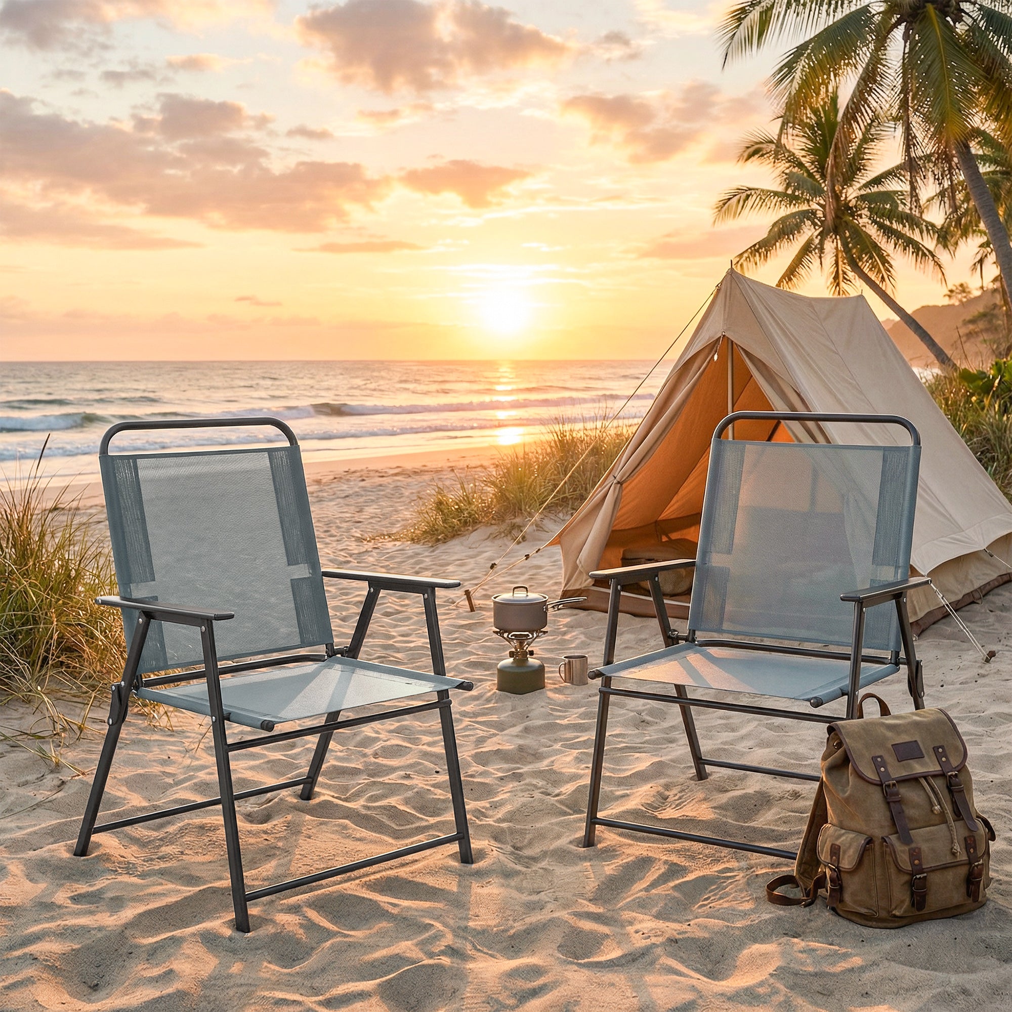 Outsunny Set of 2 Folding Garden Chairs with Armrests and Mesh Seat, Grey