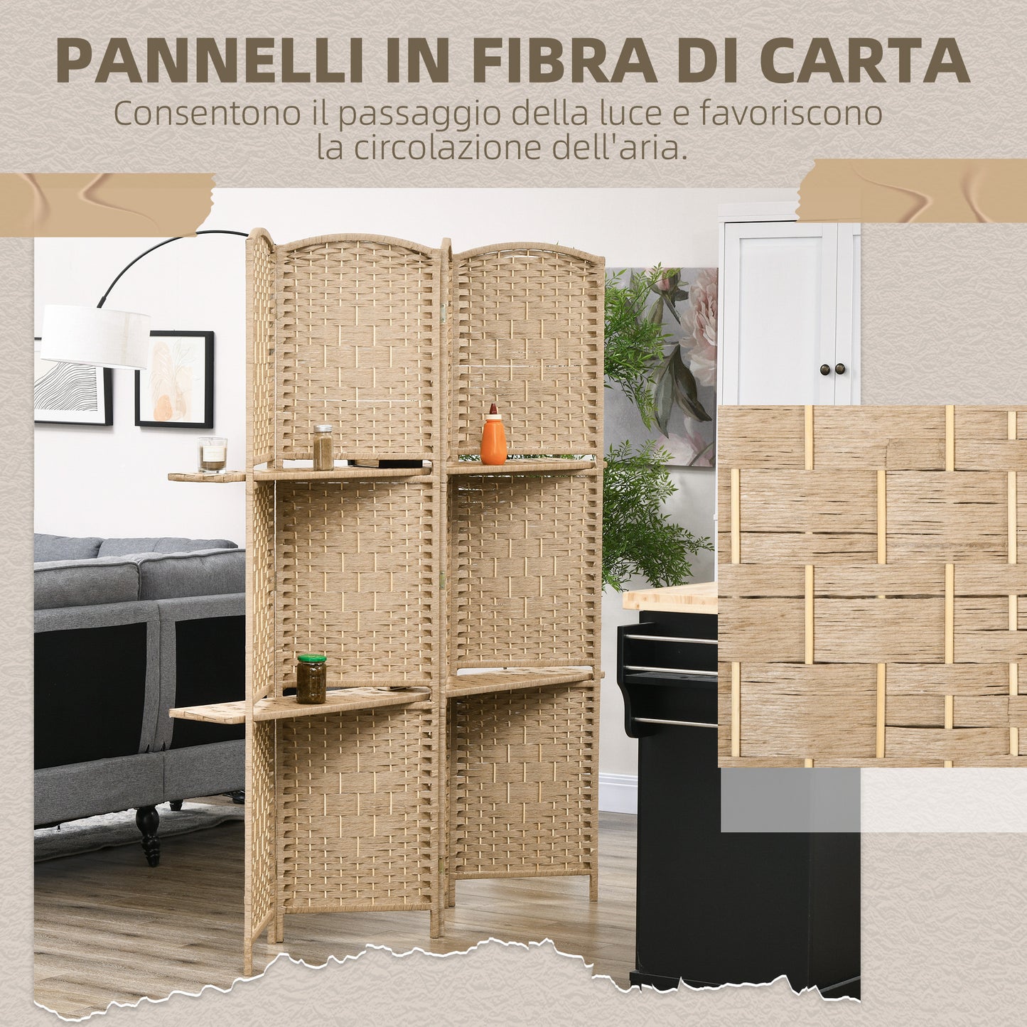 4-Panel Folding Room Divider with Shelves 160x170cm, Natural Color