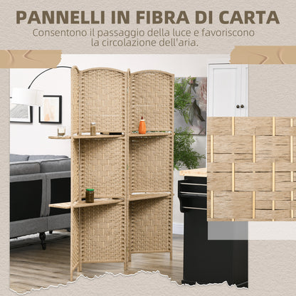 4-Panel Folding Room Divider with Shelves 160x170cm, Natural Color