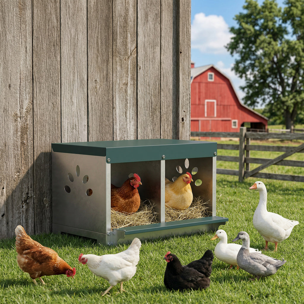 PawHut 2-Panel Steel Hen Nest with Raised Base, Roof and Ventilation Holes, Silver