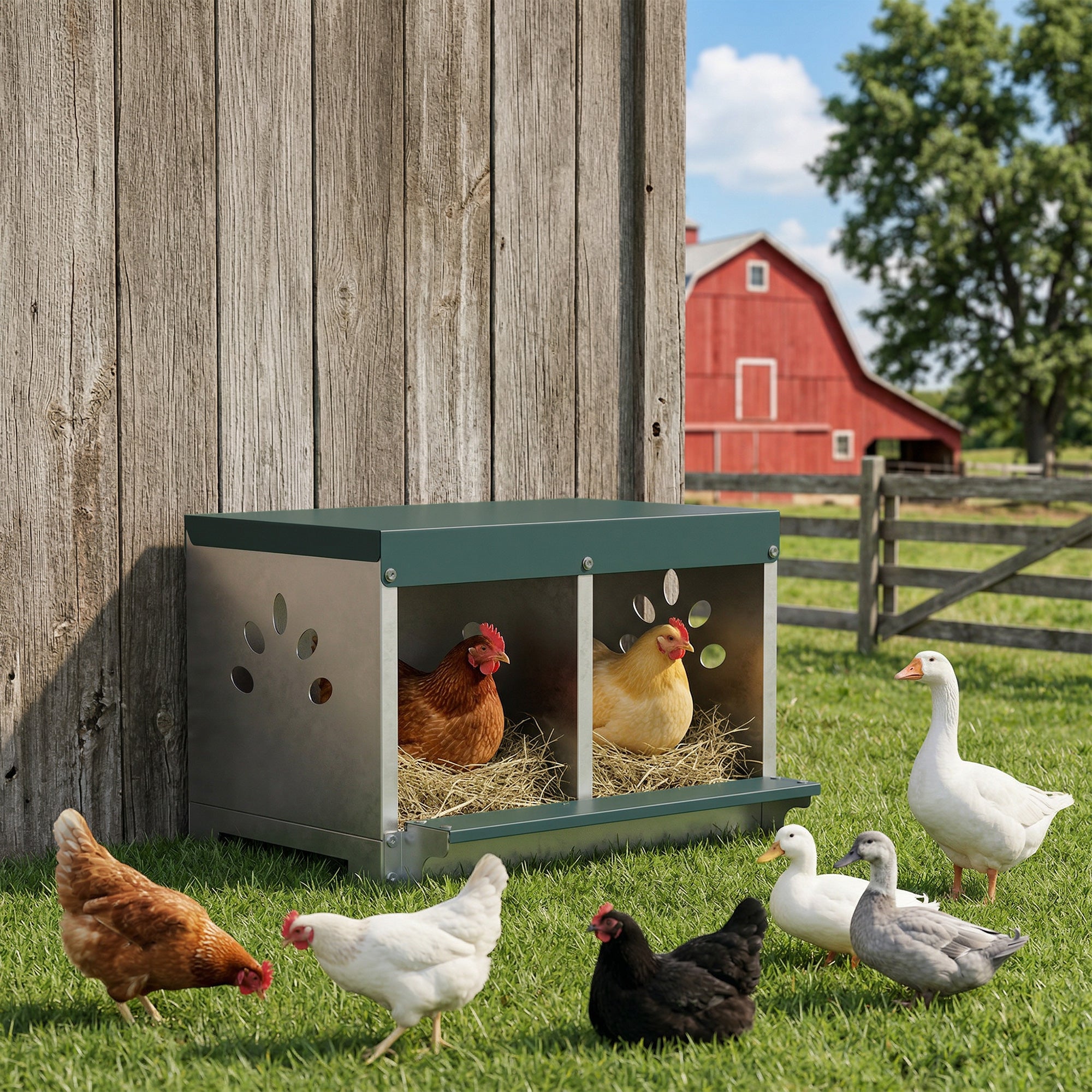 PawHut 2-Panel Steel Hen Nest with Raised Base, Roof and Ventilation Holes, Silver
