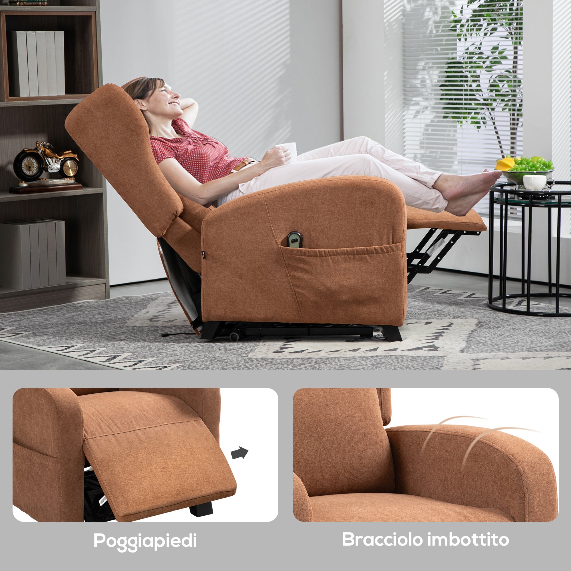 Velvet Lift Relax Chair with 160° Reclining Backrest with Remote Control, Dark Brown