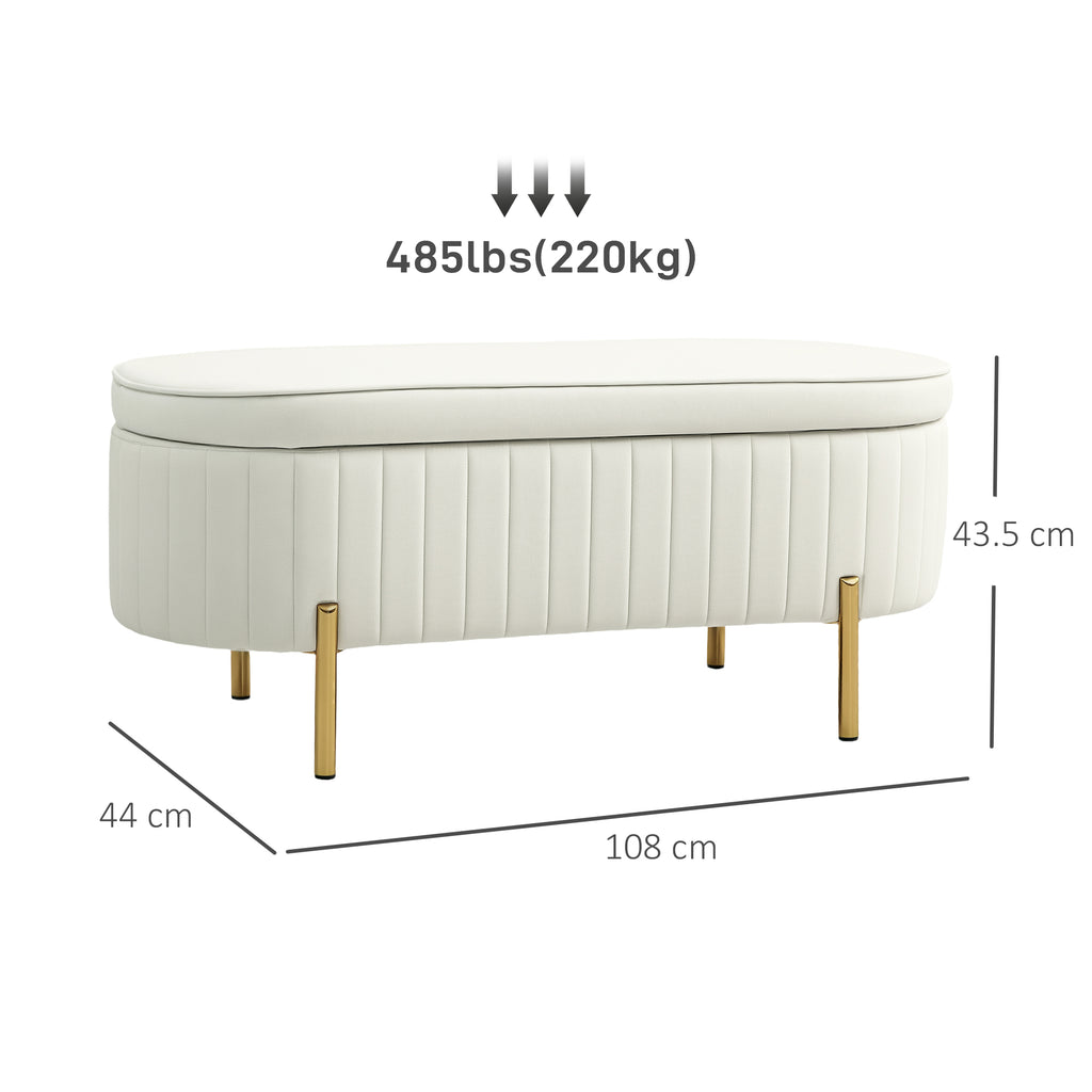 72L Oval Storage Bench with Lift-Top Lid, Velvet Fabric and Wood, 108x44x43.5 cm, Cream