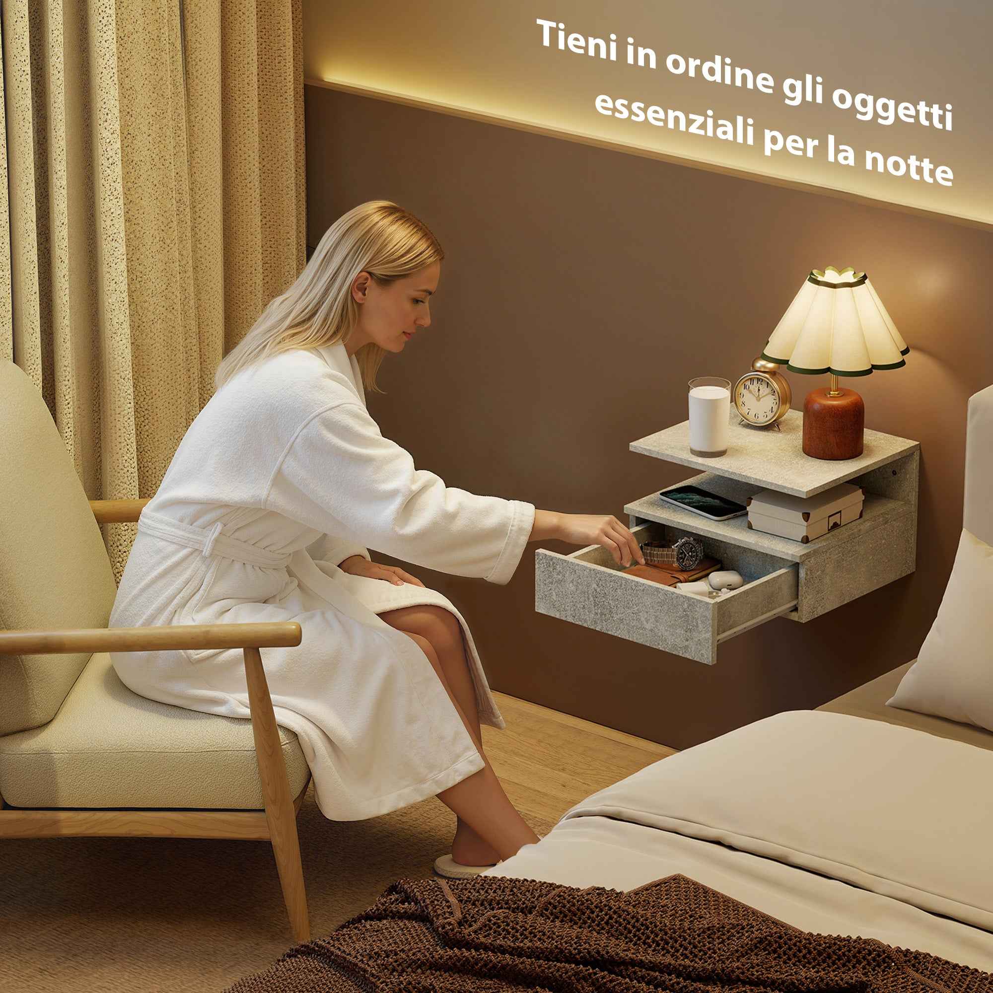 HOMCOM Set of 2 Floating Bedside Tables with Drawer and Open Shelf, 35x32x22.5 cm, Cement Grey