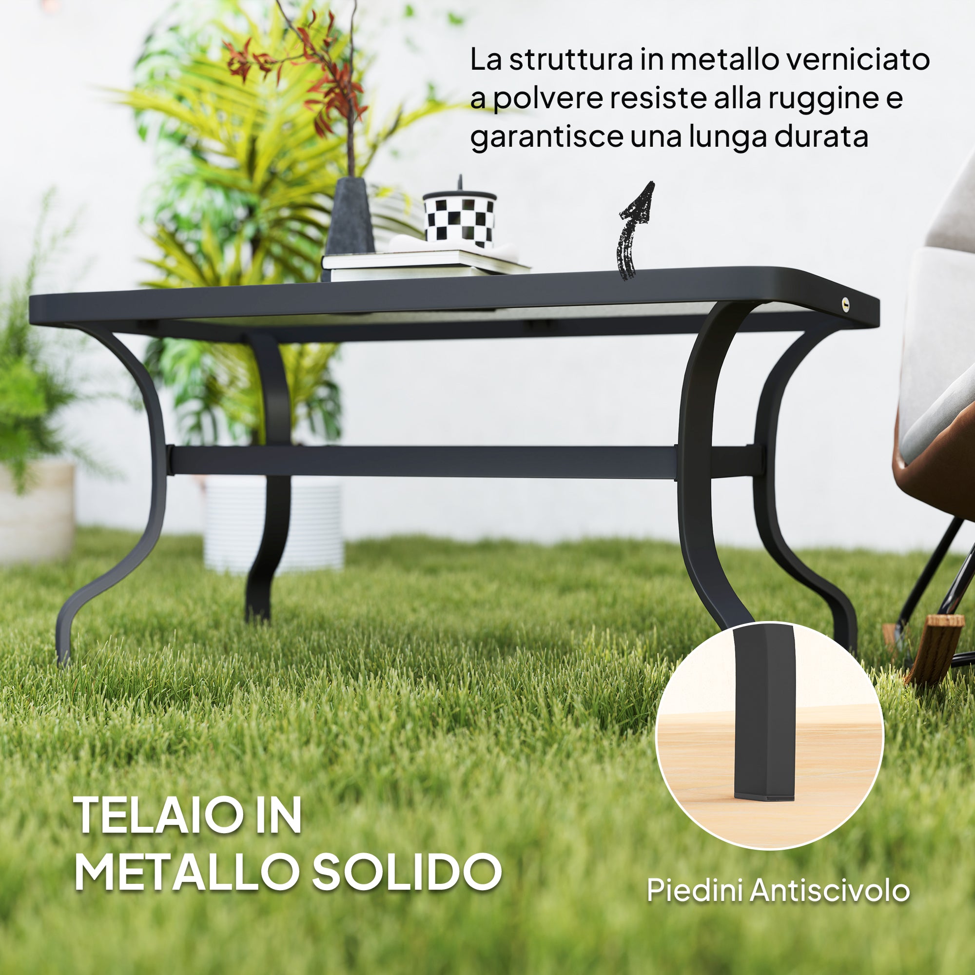 Rectangular Outdoor Coffee Table in Black Metal with Tempered Glass Top, 95x55x46 cm