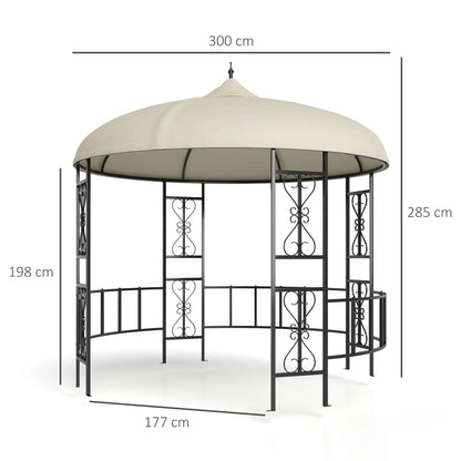 Round Garden Gazebo Ø3m with Curtains and Air Vents in Metal and Polyester, Beige