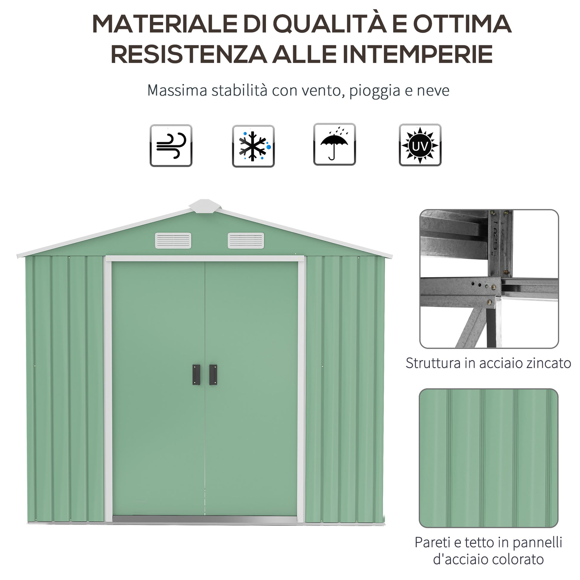 Outsunny Steel Sheet Garden Shed with Sliding Doors, 213x130x185cm, Light Green - Borgè