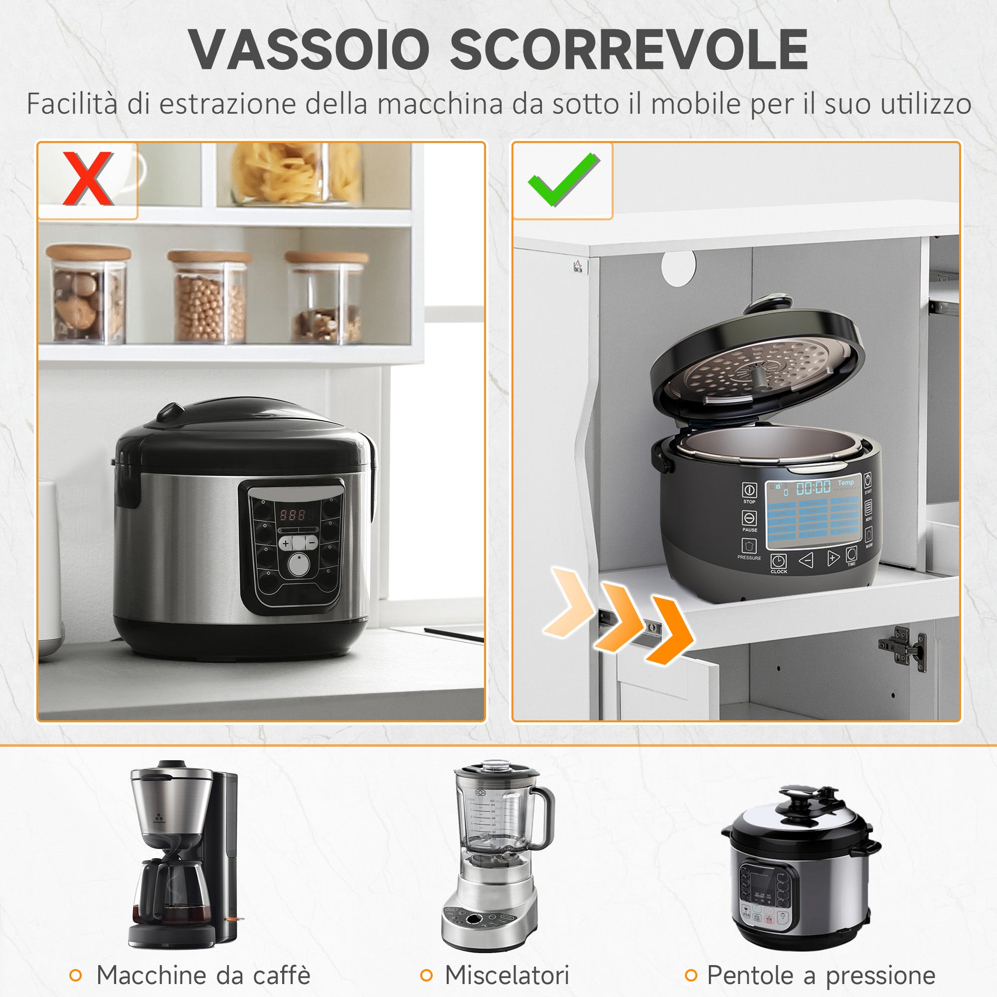 Space-Saving Kitchen Sideboard with 2 Cabinets and 2 Pull-Out Wooden Shelves, 84x39x109 cm, White