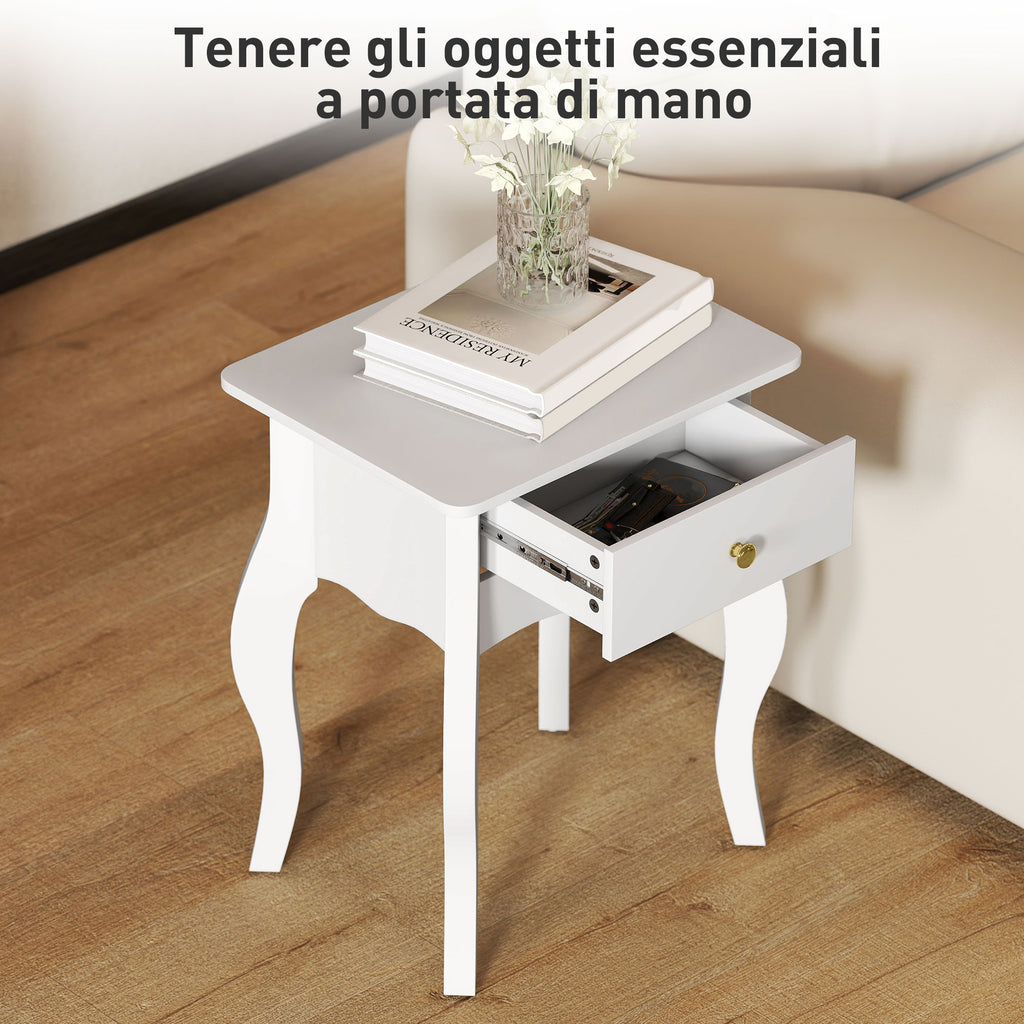 French Style Coffee Table with Drawer and Curved Legs, 45x35x55 cm, White