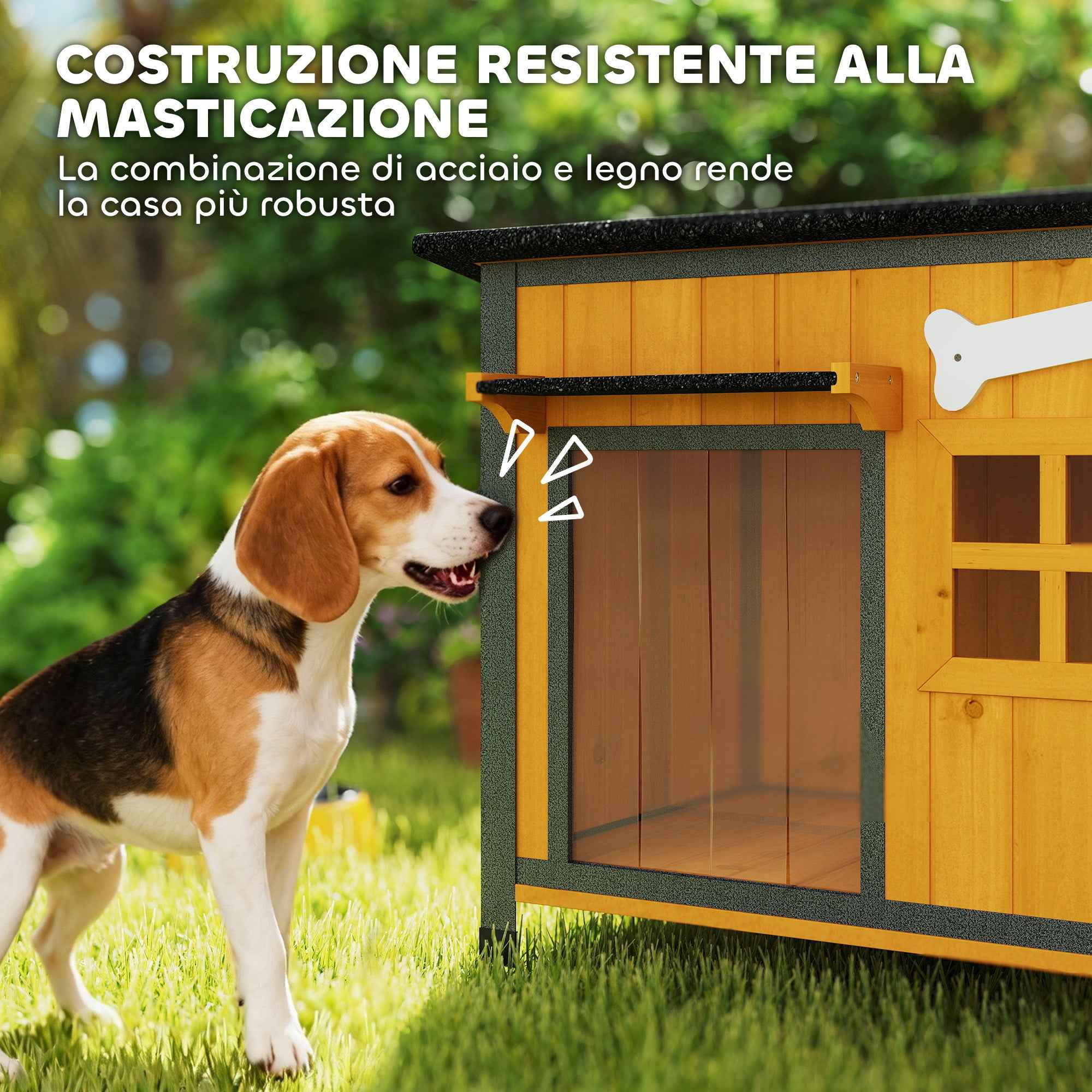 PawHut Outdoor Dog Kennel in Wood and Steel, Bite-Resistant, with Opening Roof and Door Curtain, Yellow