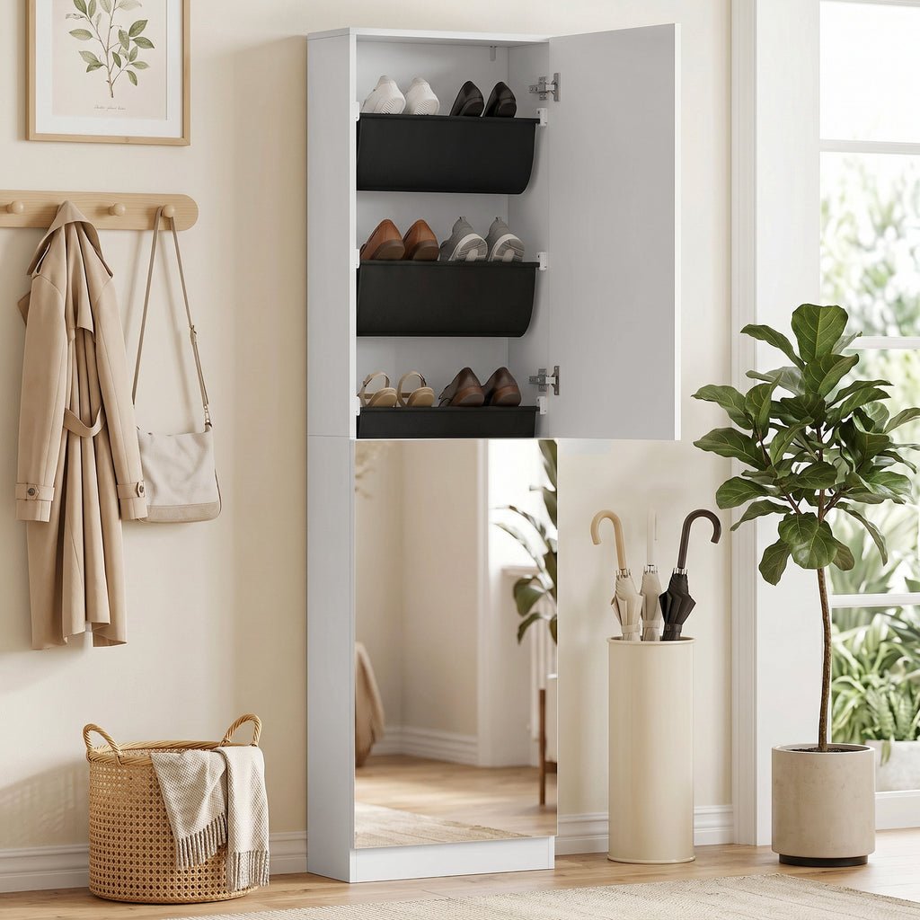 HOMCOM Mirrored Shoe Rack with 5 Non-Woven Fabric Shelves and Bottom Shelf, Wooden, 50x20x180 cm, White