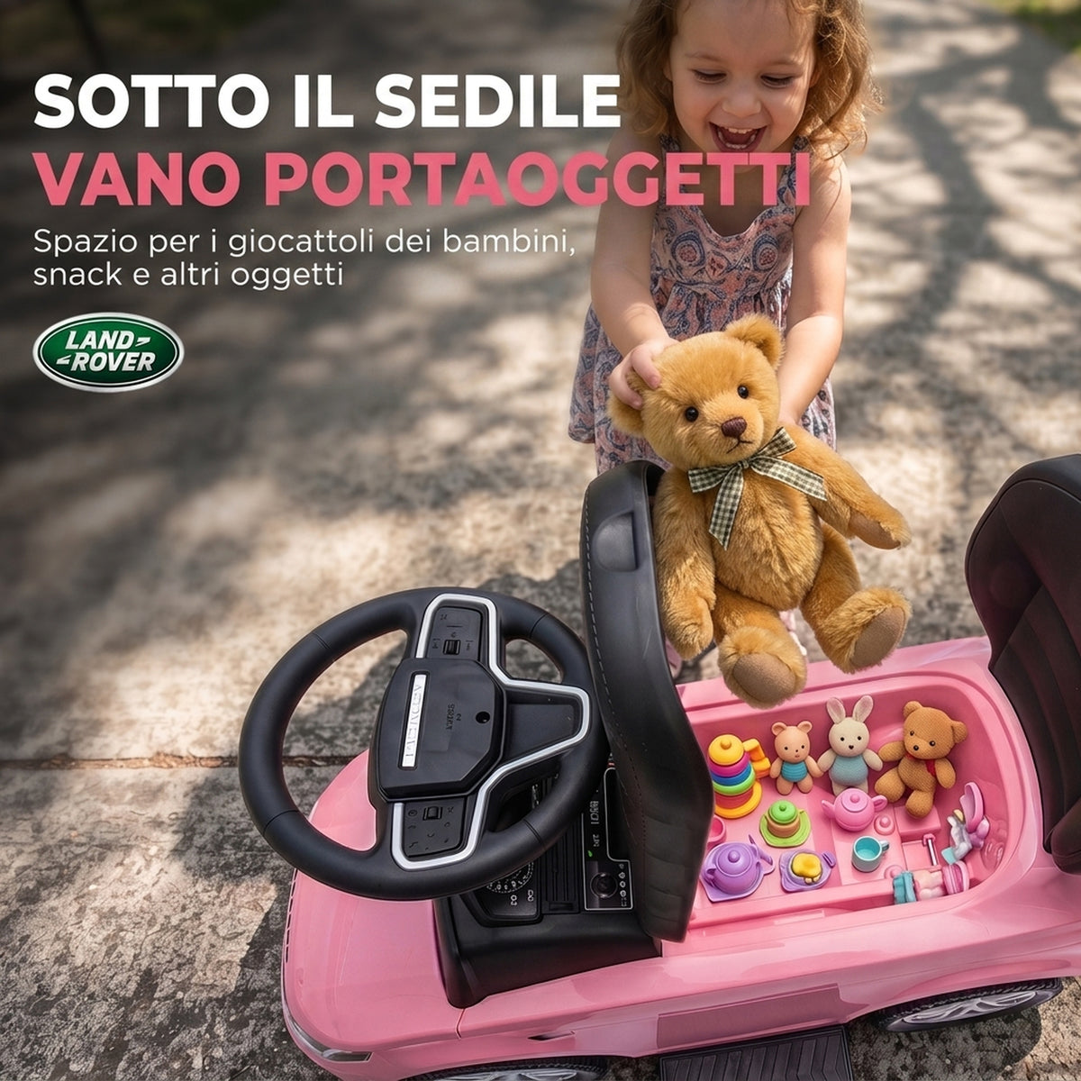 AIYAPLAY Land Rover Licensed Ride-On Car with Handle and Barrier, in PP and Steel, 84x40x94.5 cm, Pink