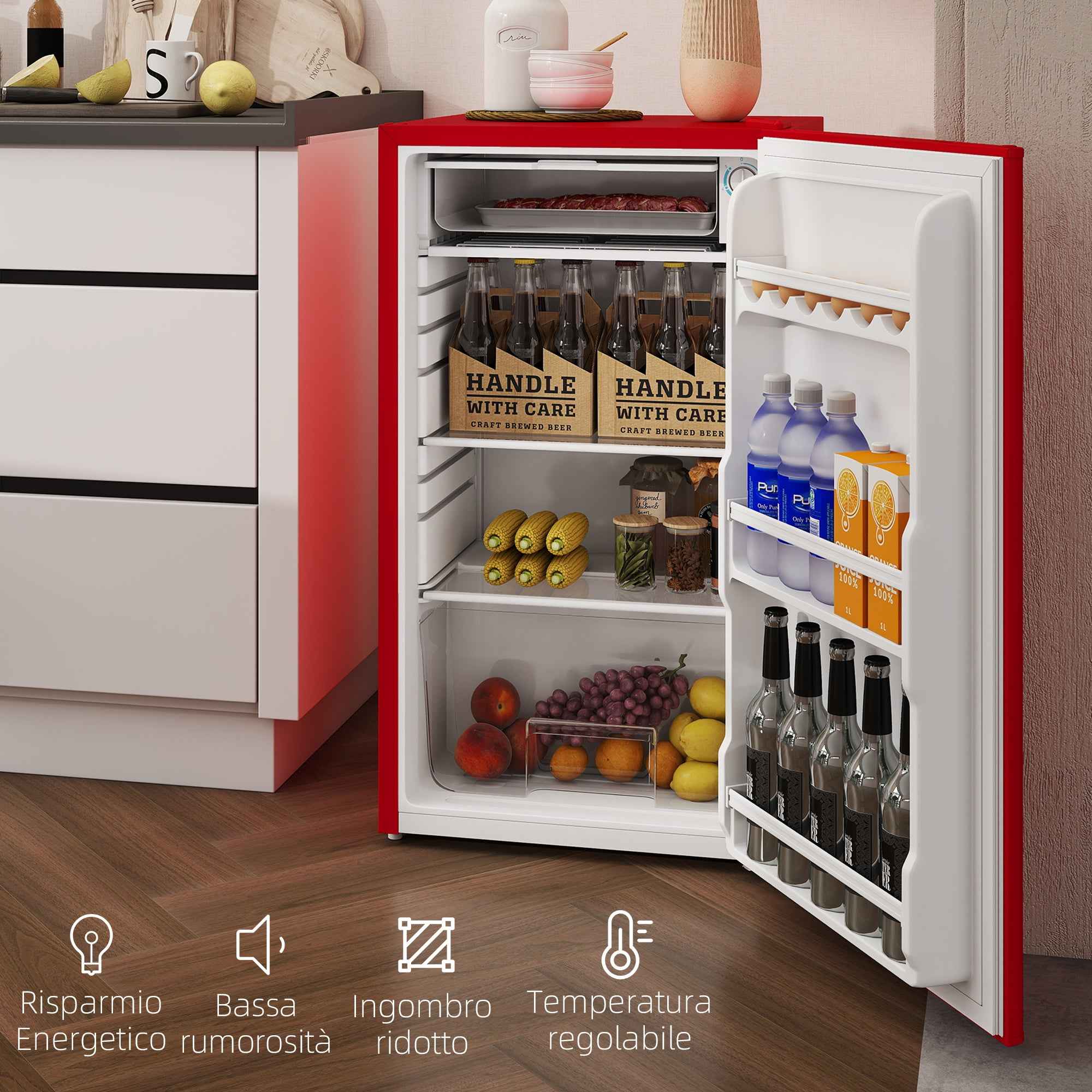 HOMCOM 91L Small Reversible Single-Door Refrigerator with Freezer and Adjustable Temperature, Red