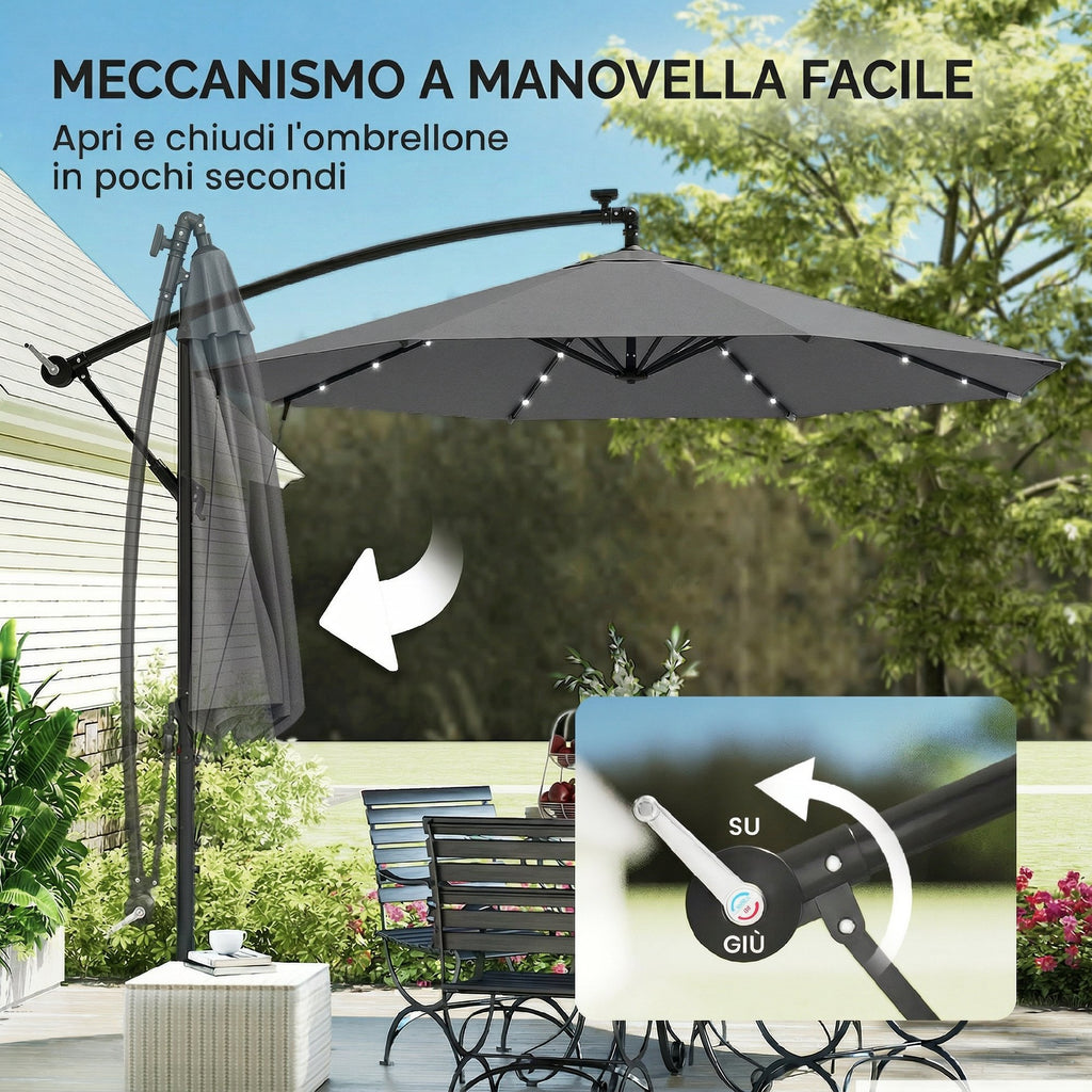 Outsunny 3m Cantilever Umbrella with Solar LED Lights, Garden Umbrella, Grey