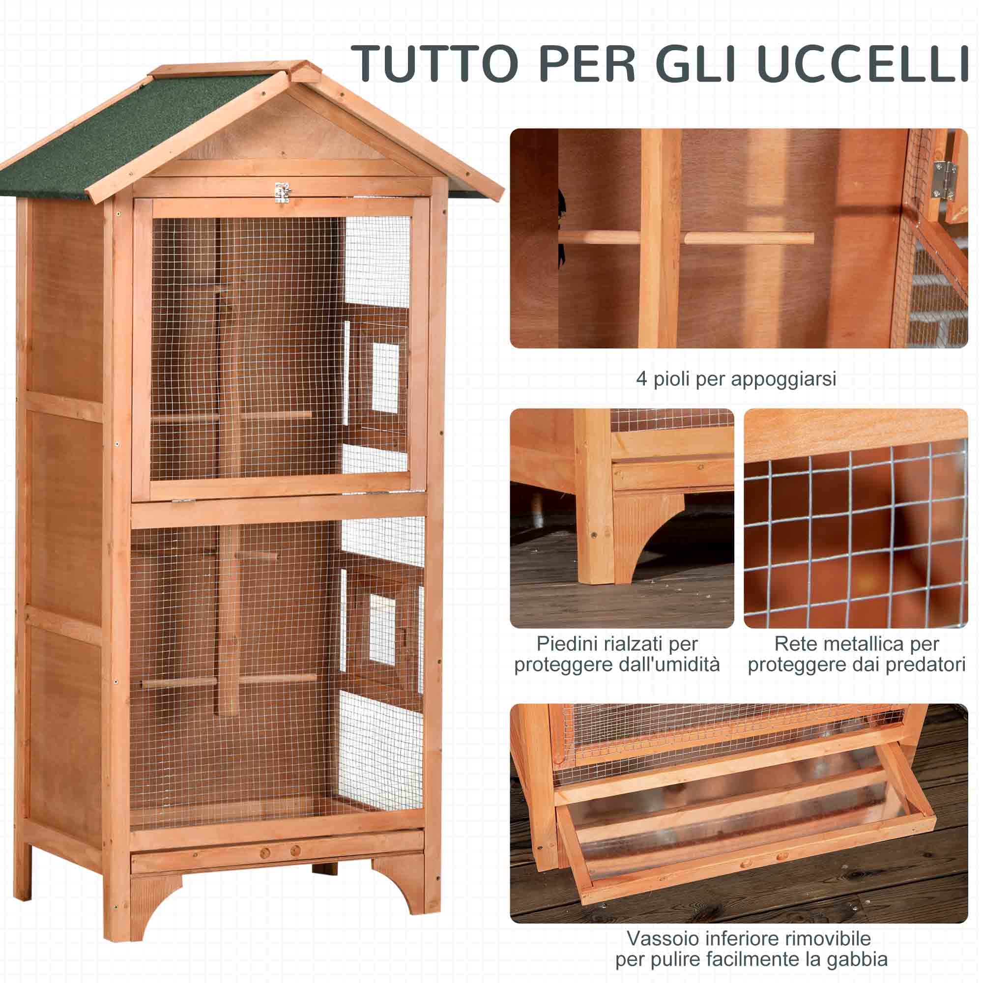 3-Door Wood and Metal Bird Cage with 4 Perches and Removable Tray, 80.5x57x153 cm, Orange