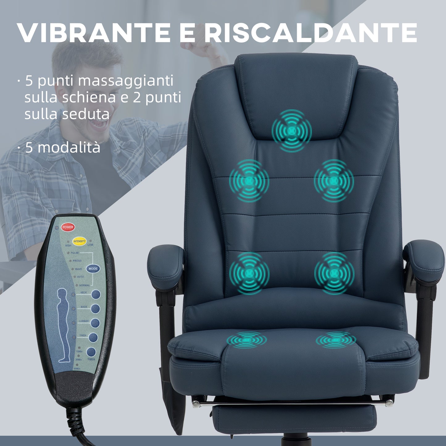 Office Armchair with 7 Massage Points and Footrest, in PU Leather and Steel, 67x67x111-121 cm, Blue