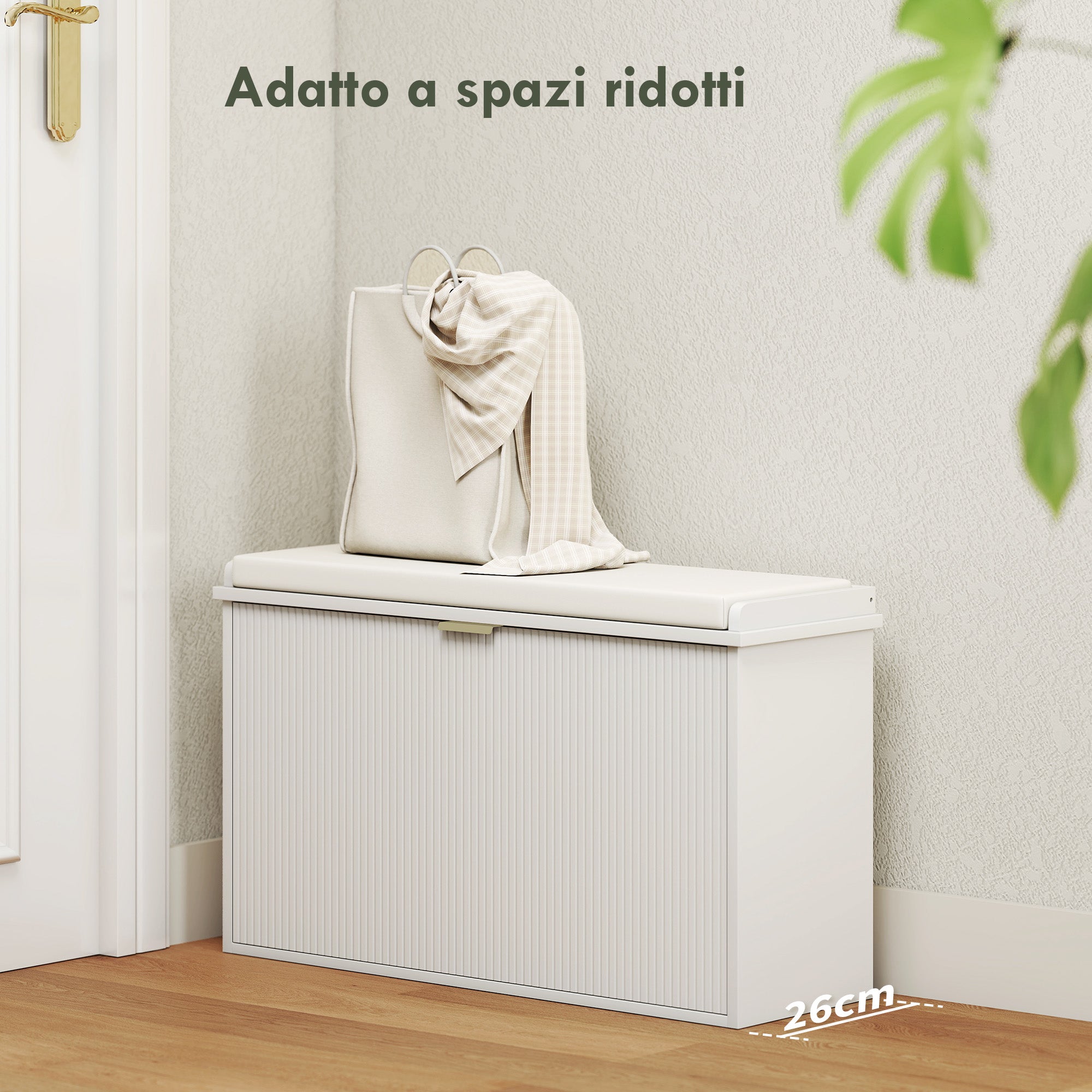 Shoe Bench with Internal Shelf, in Wood and Linen Effect Fabric, 80x26x47.5 cm, White and Beige