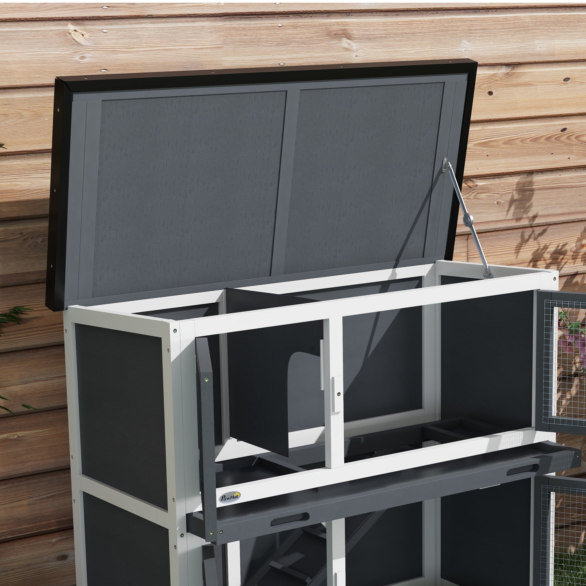 2-Level Rabbit Hutch in Lego Fir and Tar with Ramp, 2 Removable Trays, 4 Doors, 97x44x91 cm, Grey