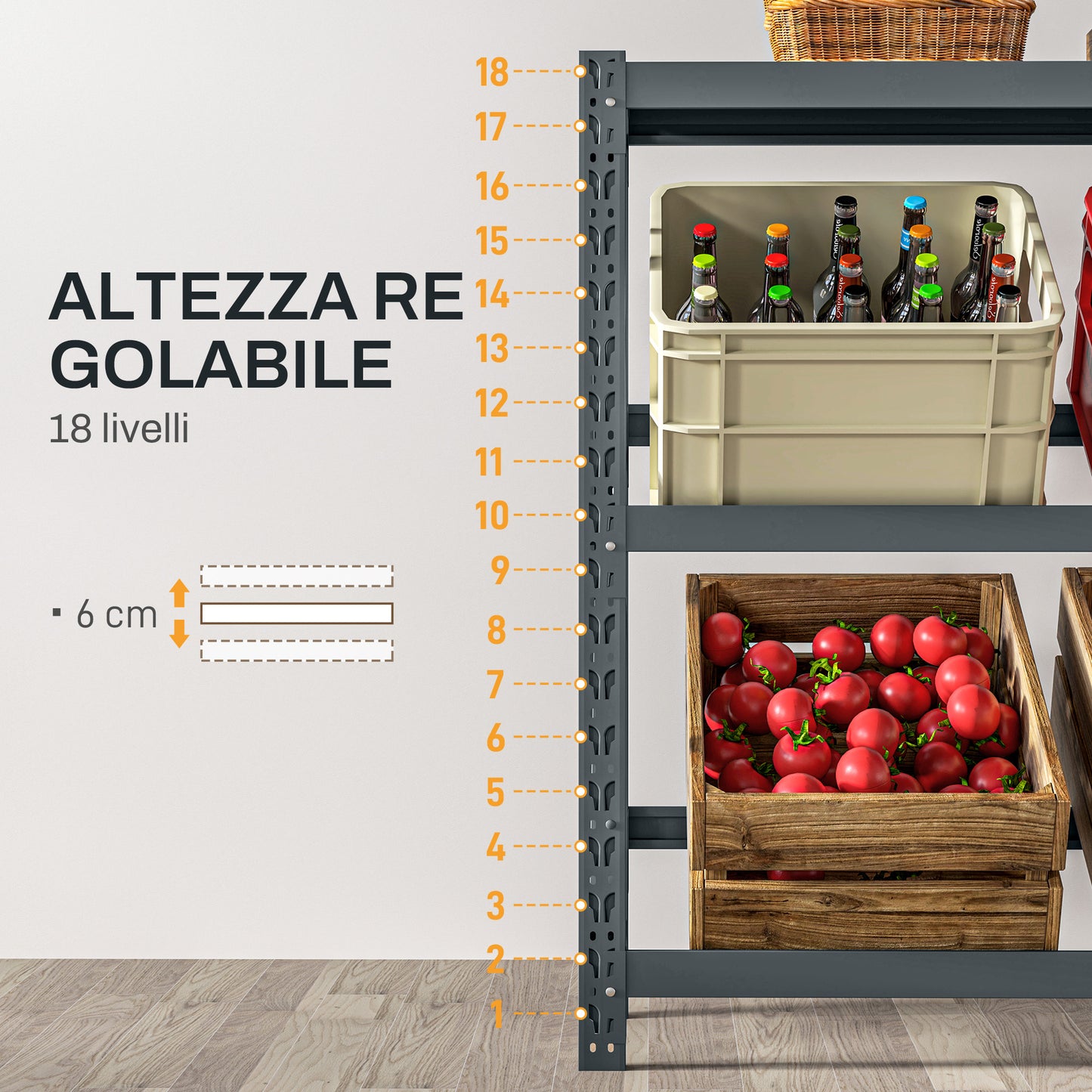 Freestanding 6 Crate Beverage Rack with Adjustable Shelves, 110x30x110cm, Grey