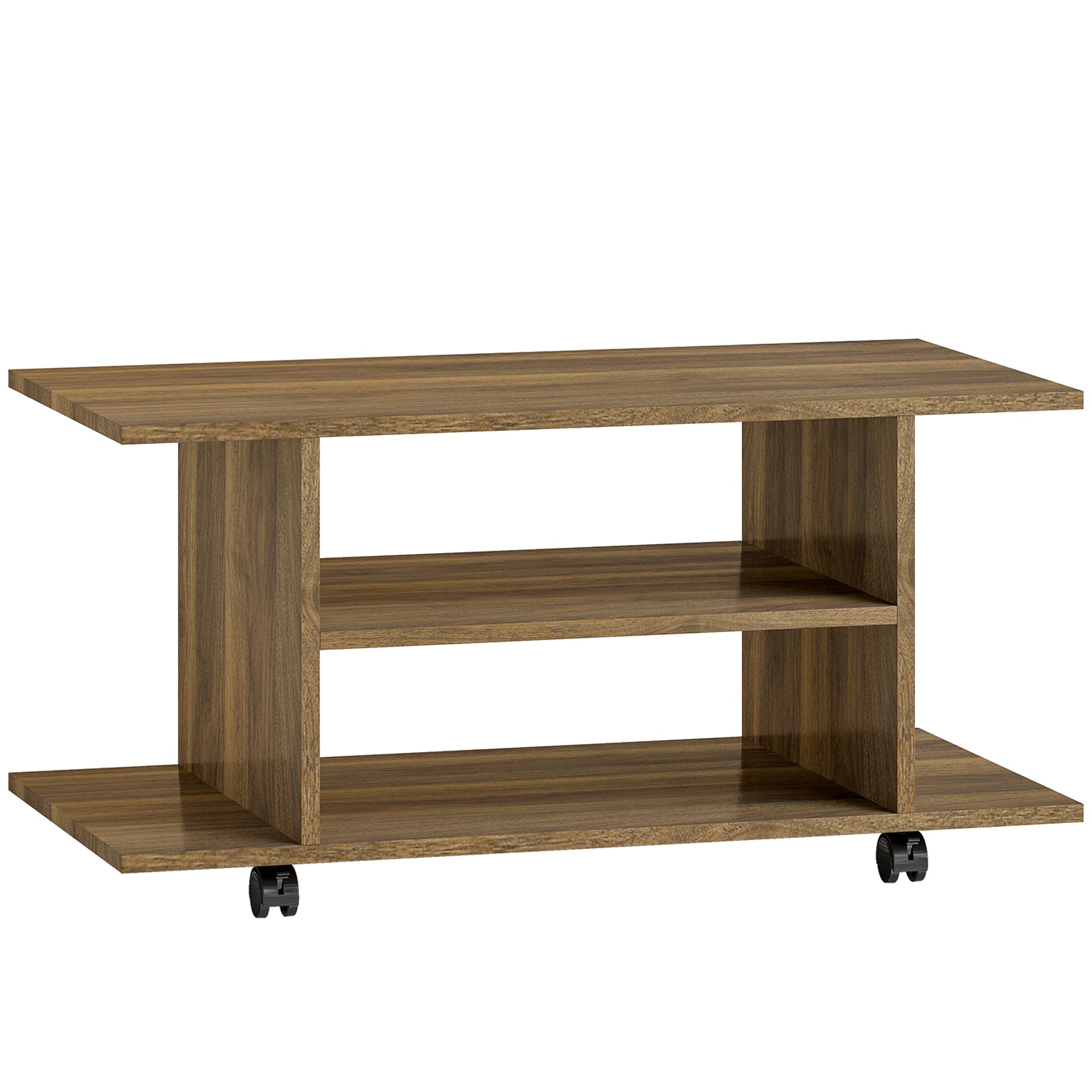 HOMCOM Modern TV Stand with Shelves, Swivel Wheels and Brakes, 80x40x40 cm, Walnut Color