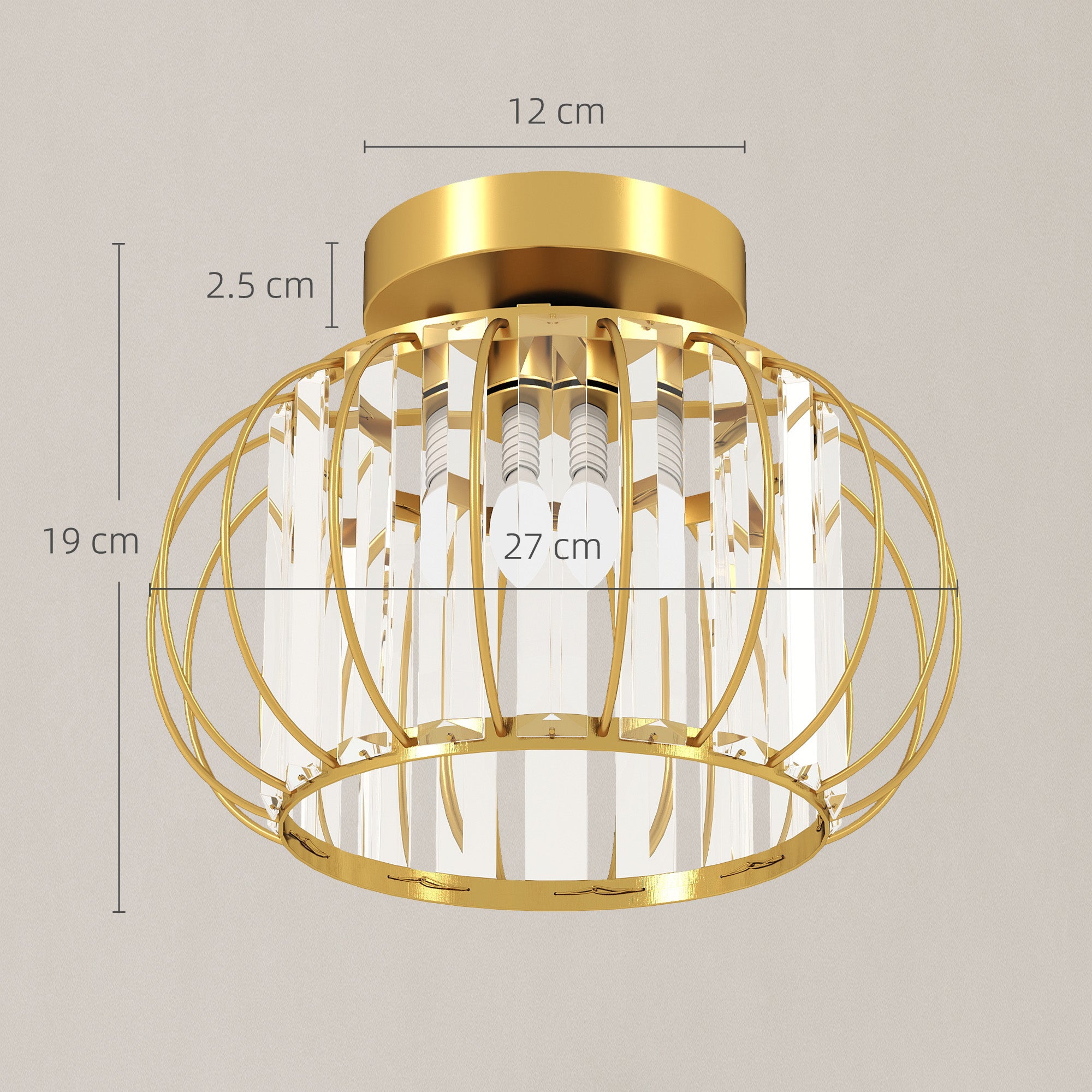 Modern and Minimal LED Cage Ceiling Light with 18 Crystals, Gold Metal, Ø27x19 cm