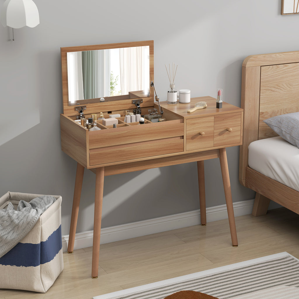 Wooden Dressing Table with LED Mirror and Storage, 100x40x87 cm