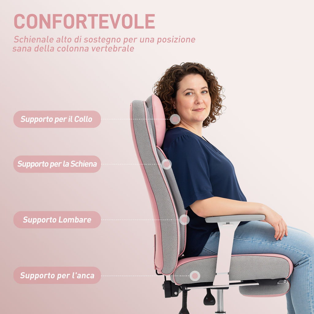 Ergonomic Office Chair with Adjustable Armrests, Footrest and Headrest, Pink