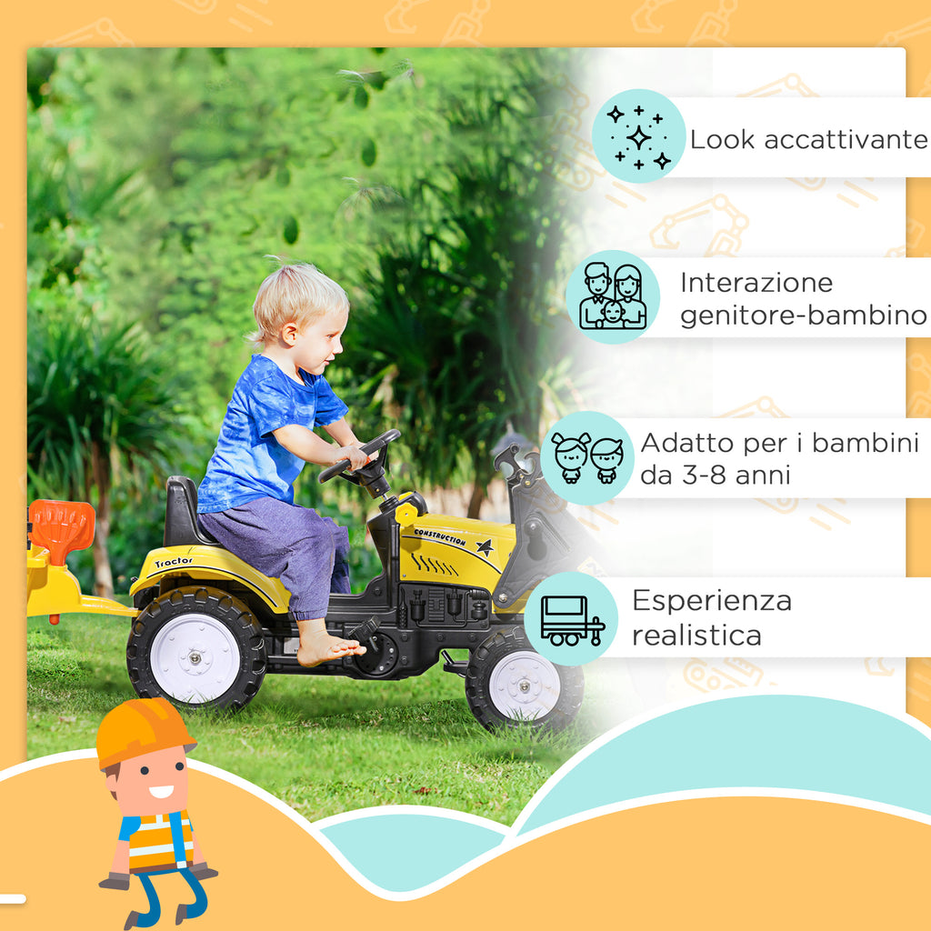 Pedal Excavator for Kids from 3 Years with Front Loader, Trailer and 6 Wheels, Yellow