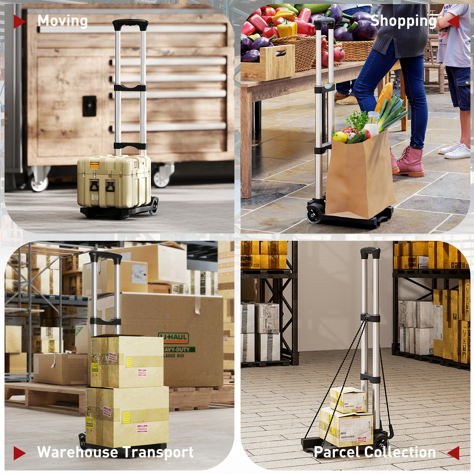 Folding Luggage Cart, 40 kg, with 2 Straps, Telescopic Handle, Aluminum and Plastic, Black