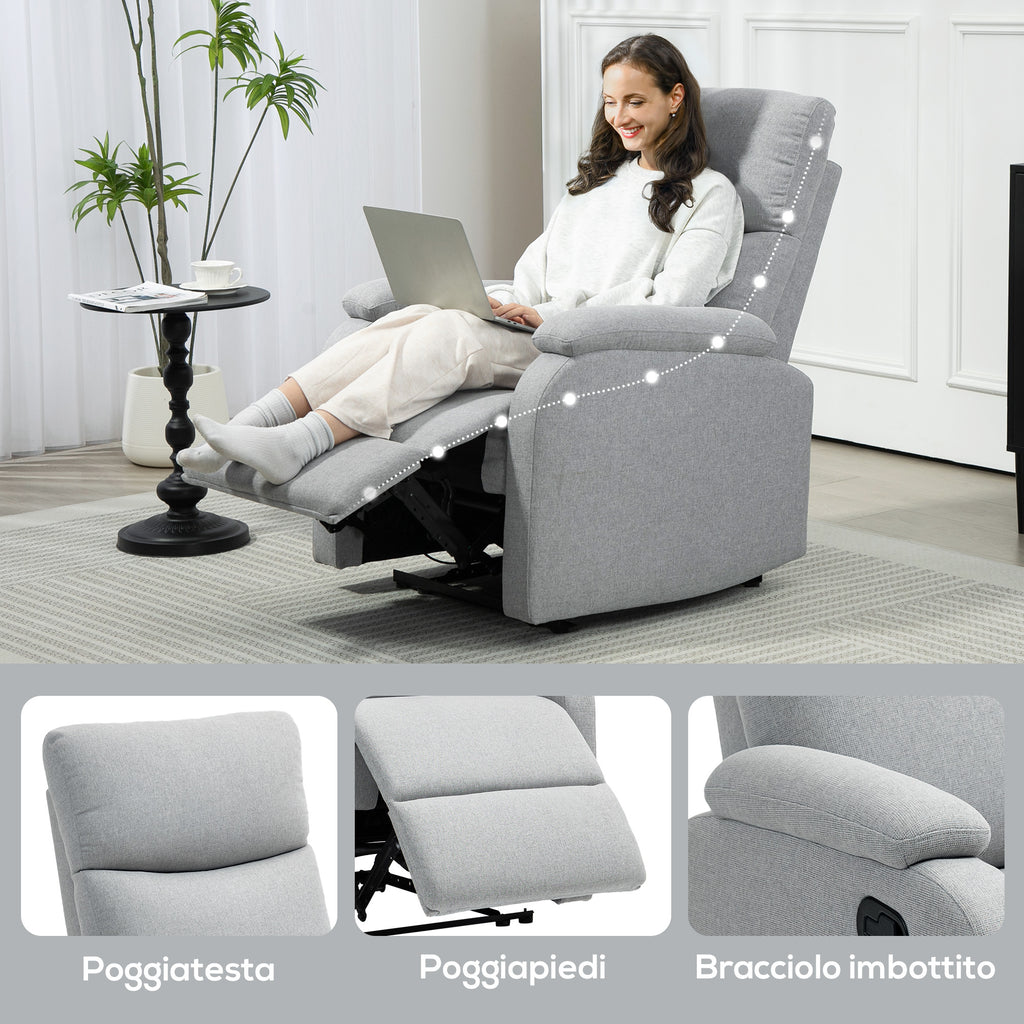 Manually Reclining Armchair at 60° Extra Padded in Fabric with Footrest, Gray