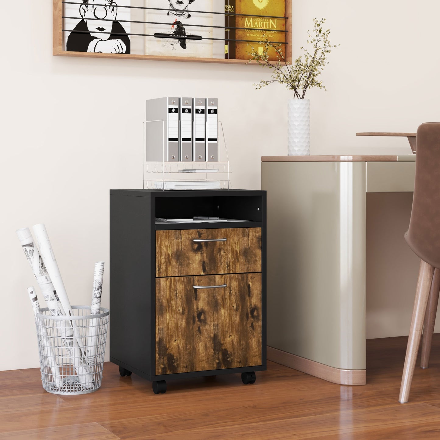 File Cabinet with Drawer and Shelf, 4 Wheels, 40x35x60cm, Brown and Black