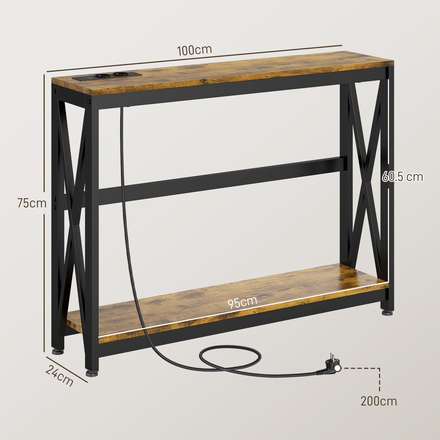 Industrial Style Hallway Console Table with Power Sockets and USB, Wood and Steel, 100x24x75cm, Brown