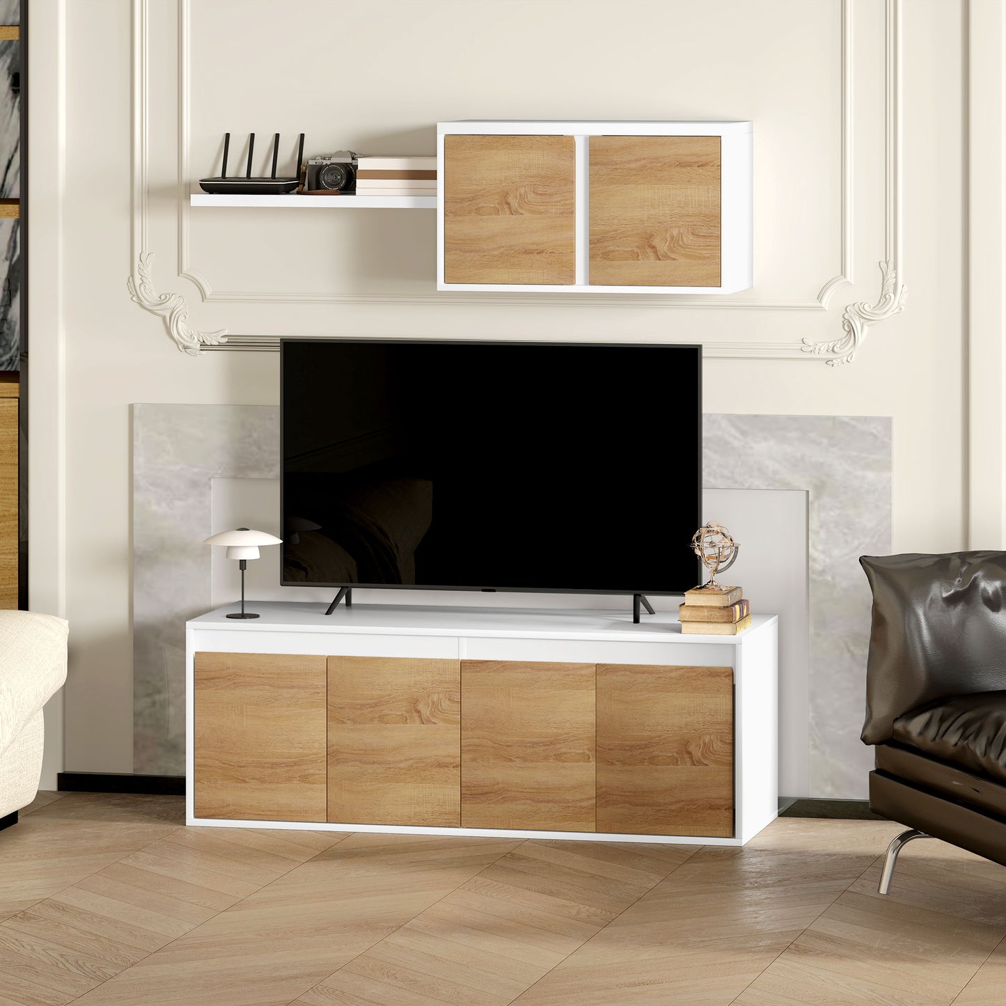 TV Cabinet and Wall Cabinet Set with 7 Shelves and Open Shelf, Wooden, 120x41x43.3 cm, White and Wood color