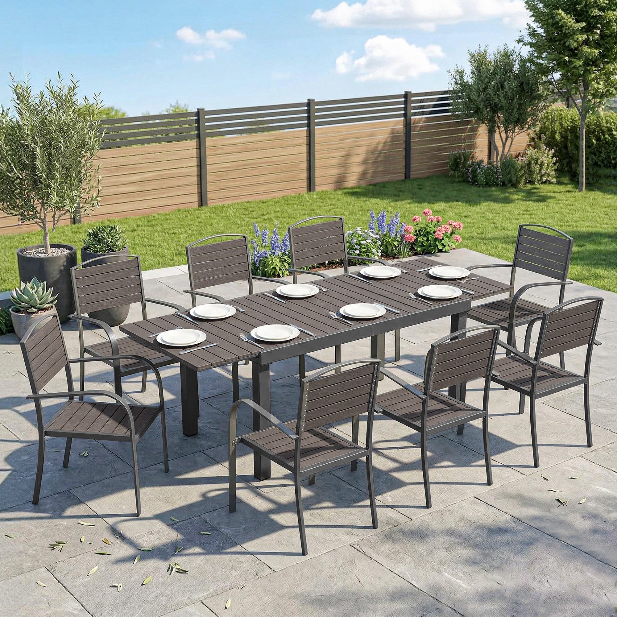 9-Piece Extendable Outdoor Dining Set, Aluminum Table, 8 Chairs, Gray