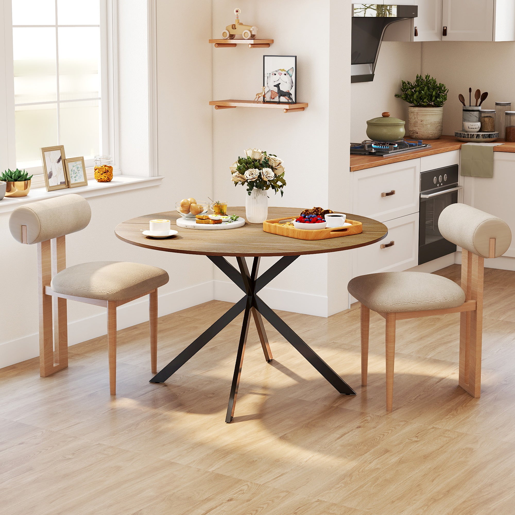 HOMCOM Industrial Style Round Dining Table with Steel Cross Legs, Ø120x75 cm, Oak Color