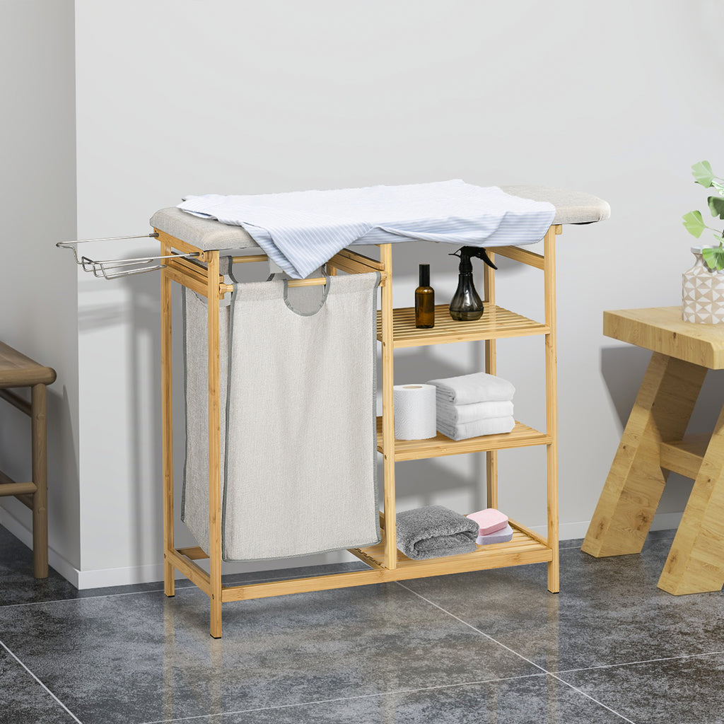 Bamboo and Polyester Laundry Basket with Ironing Board and 3-Tier Shelf, 113x34x82 cm