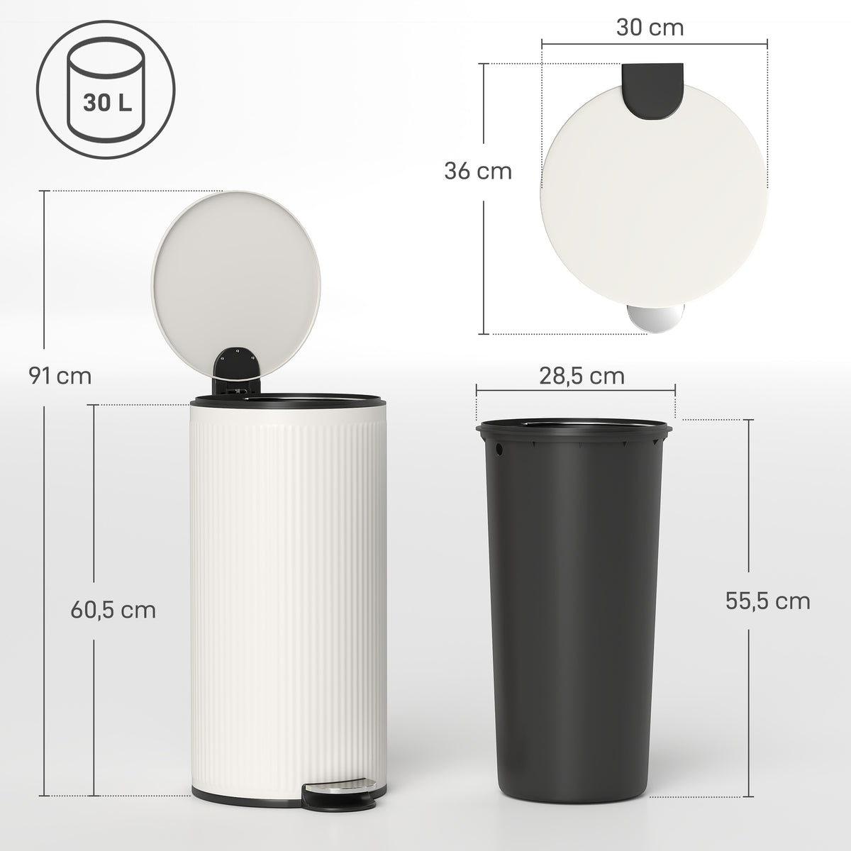 HOMCOM 30L Metal and PP Soft-Close Lid Rubbish Bin, Cream