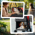 Foldable Dog Stroller with Zipper Entrances and Mesh Windows, 112x65x100 cm, Black and Red