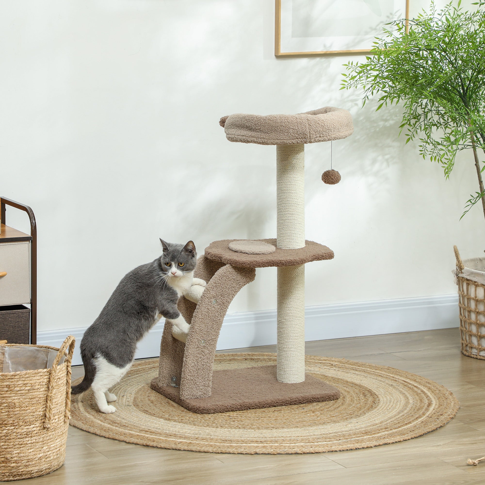3-Tier Cat Tree with Top Perch and Toy Ball, 48x40x88 cm, White and Brown