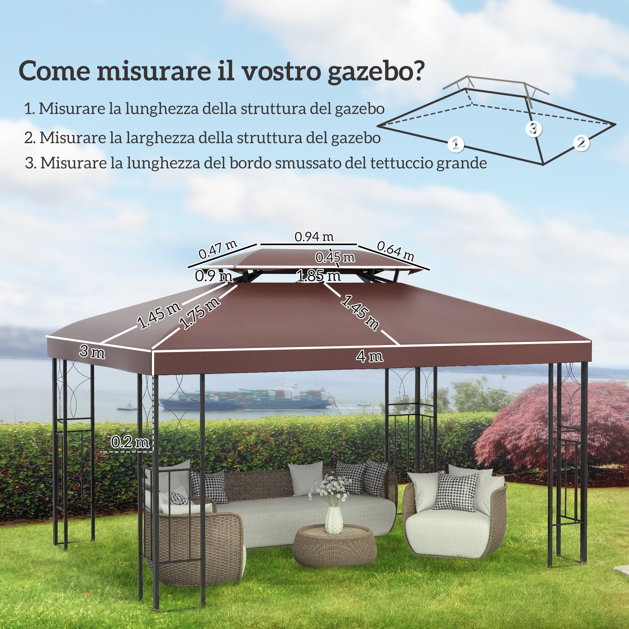 Garden Gazebo Cover Replacement Roof Anti-UV Waterproof Polyester 3x4m, Brown