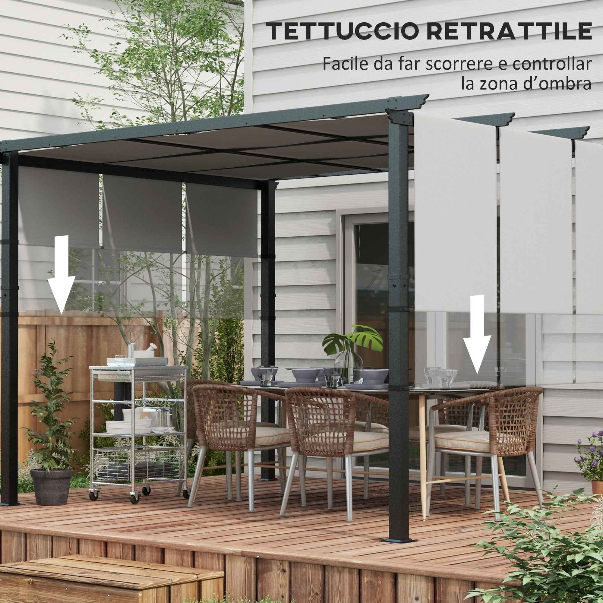 Outsunny Pergola Gazebo 3x3.5 m with 3 Adjustable Canopies, in Steel and Anti-UV Polyester, Light Grey