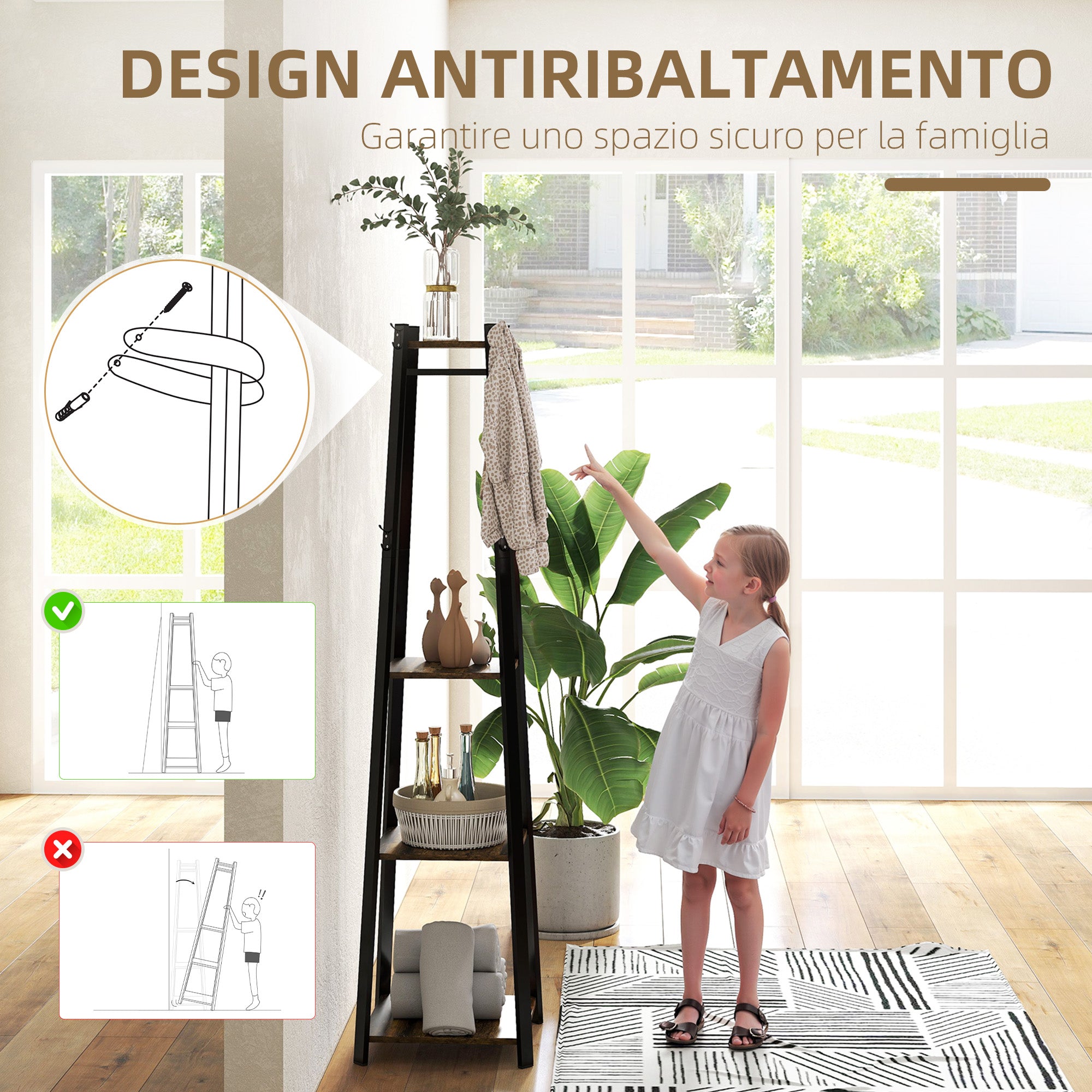 Coat Rack with 8 Hooks, 3 Shelves and Top Shelf, 34x34x170 cm, Brown