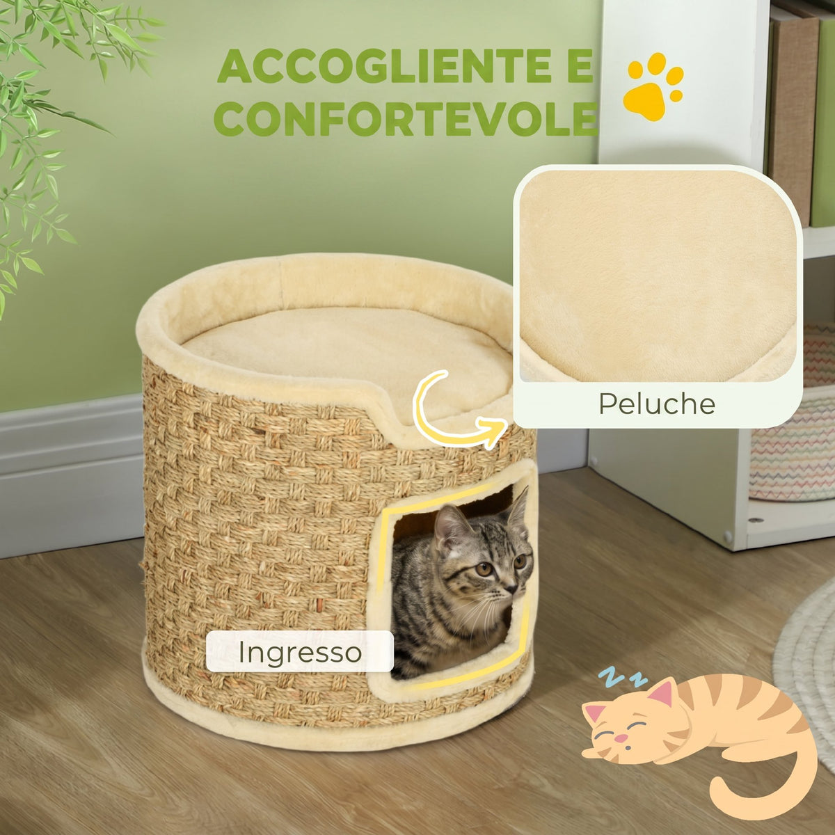 PawHut 37cm High, 2-Tier Cat Tree with Nest and Sisal Rope, Up to 5kg, Khaki